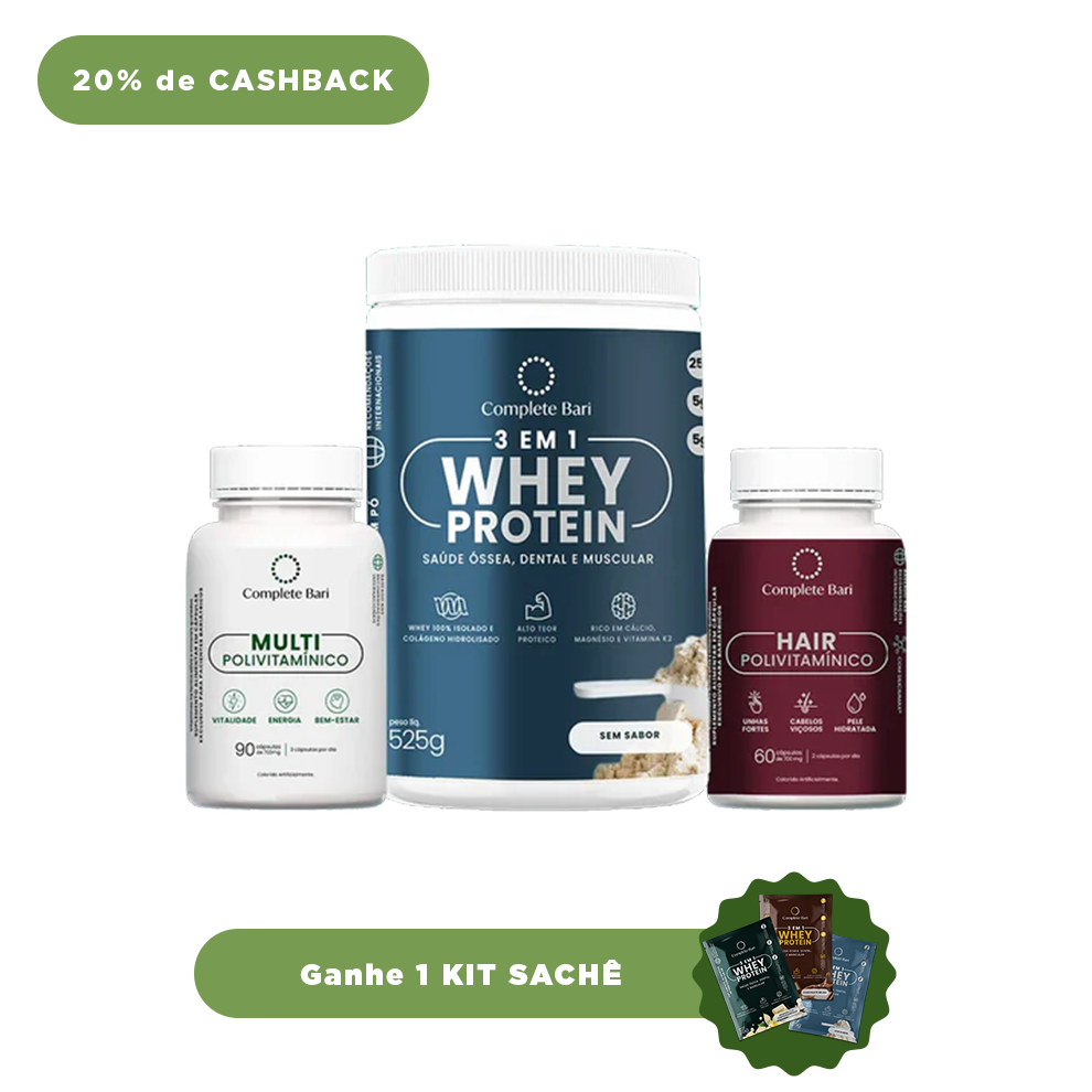 Kit 1 Multi + 1 Polivitaminico Cabelos e Unhas + 1 Whey Isolado Neutro Complete Bari - Ganhe 1 Kit Saches