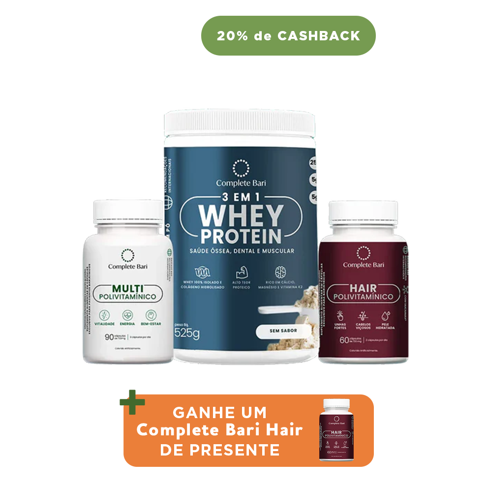 Kit 1 Multi + 1 Polivitaminico Cabelos e Unhas + 1 Whey Isolado Neutro Complete Bari - Ganhe 1 Hair de brinde