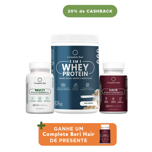 Kit 1 Multi + 1 Polivitaminico Cabelos e Unhas + 1 Whey Isolado Neutro Complete Bari - Ganhe 1 Hair de brinde
