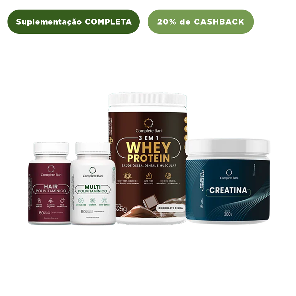 Kit 1 Multi + 1 Polivitaminico Cabelos e Unhas + 1 Whey Isolado Chocolate Belga + 1 Creatina Complete Bari