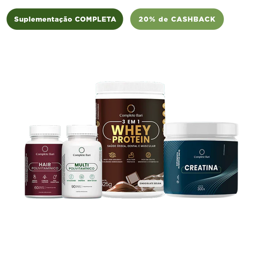 Kit 1 Multi + 1 Polivitaminico Cabelos e Unhas + 1 Whey Isolado Chocolate Belga + 1 Creatina Complete Bari