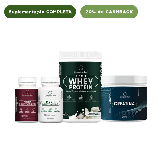 Kit 1 Multi + 1 Polivitaminico Cabelos e Unhas + 1 Whey Isolado Baunilha com Chocolate + 1 Creatina Complete Bari