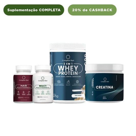 Kit 1 Multi + 1 Polivitaminico Cabelos e Unhas + 1 Whey Isolado Neutro + 1 Creatina Complete Bari