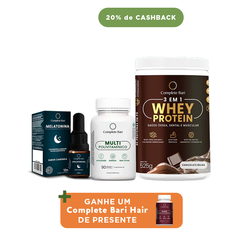 Kit 1 Multi + 1 Whey Isolado Chocolate Belga + 1 Melatonina Complete Bari - Ganhe 1 Hair de brinde