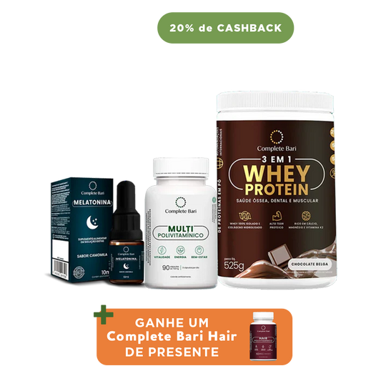 Kit 1 Multi + 1 Whey Isolado Chocolate Belga + 1 Melatonina Complete Bari - Ganhe 1 Hair de brinde