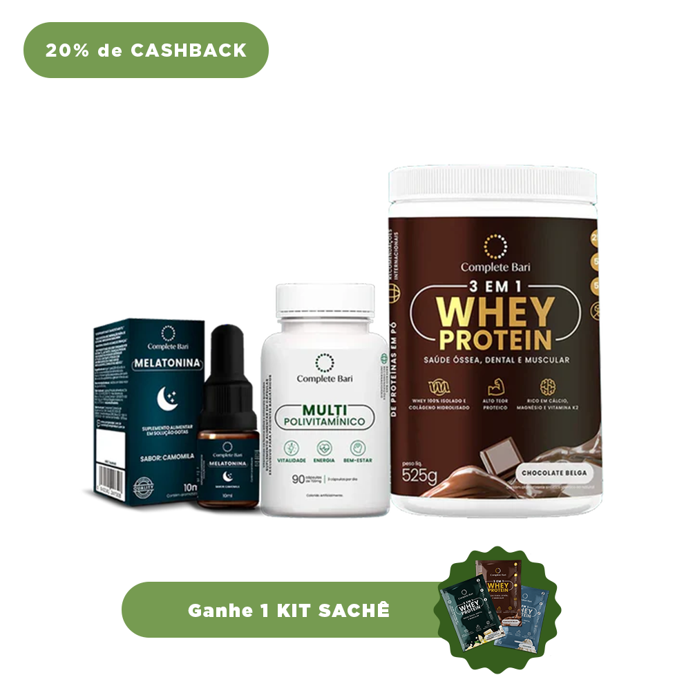 Kit 1 Multi + 1 Whey Isolado Chocolate Belga + 1 Melatonina Complete Bari - Ganhe 1 Kit Saches