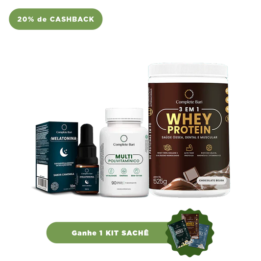 Kit 1 Multi + 1 Whey Isolado Chocolate Belga + 1 Melatonina Complete Bari - Ganhe 1 Kit Saches
