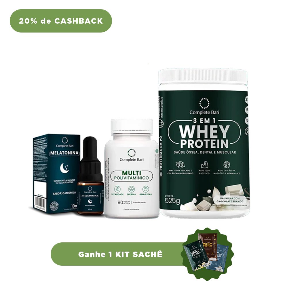 Kit 1 Multi + 1 Whey Isolado Baunilha com Chocolate + 1 Melatonina Complete Bari - Ganhe 1 Kit Saches
