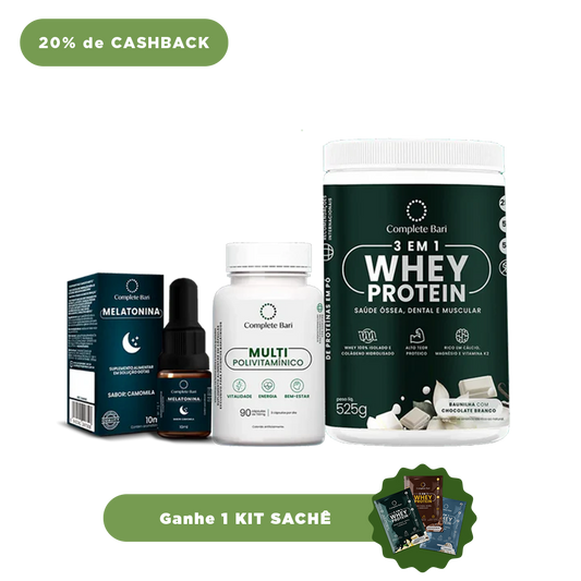 Kit 1 Multi + 1 Whey Isolado Baunilha com Chocolate + 1 Melatonina Complete Bari - Ganhe 1 Kit Saches