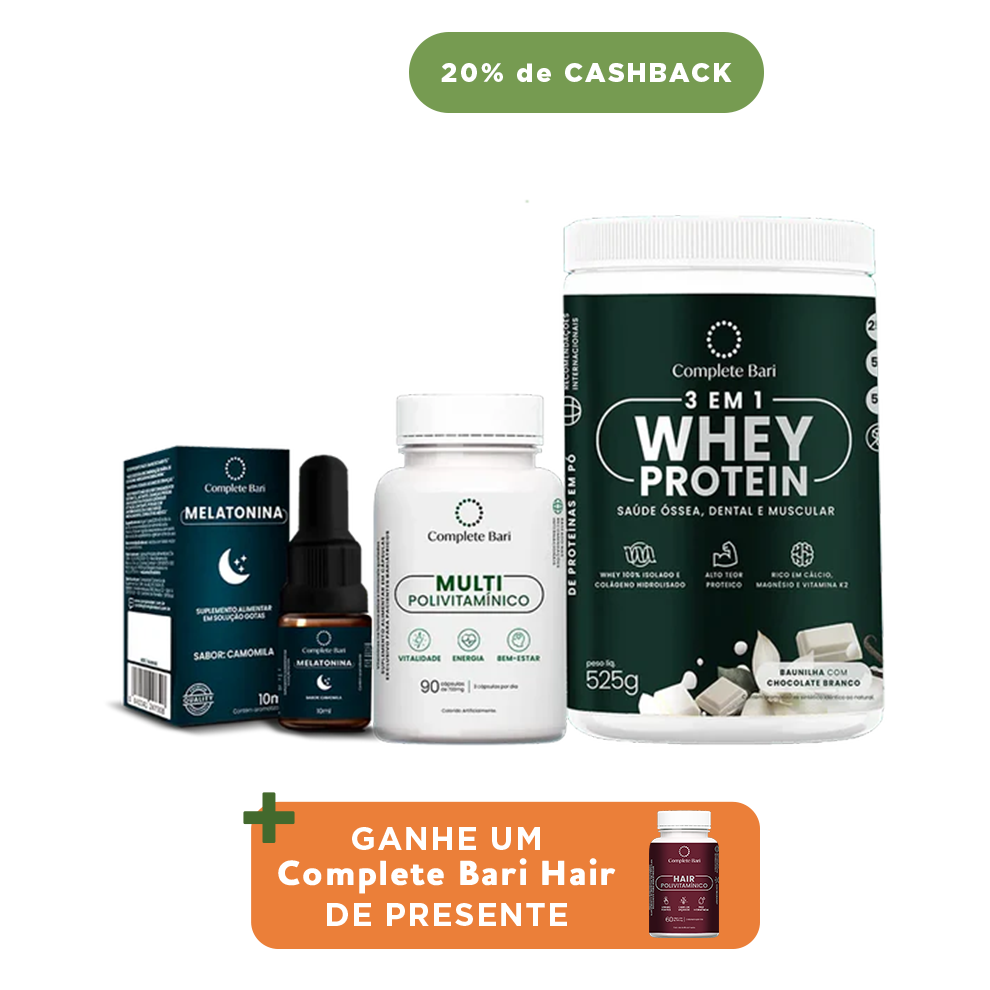 Kit 1 Multi + 1 Whey Isolado Baunilha com Chocolate + 1 Melatonina Complete Bari - Ganhe 1 Hair de brinde