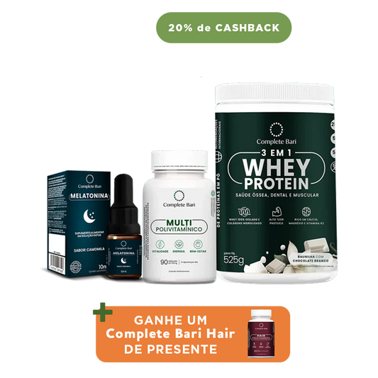 Kit 1 Multi + 1 Whey Isolado Baunilha com Chocolate + 1 Melatonina Complete Bari - Ganhe 1 Hair de brinde