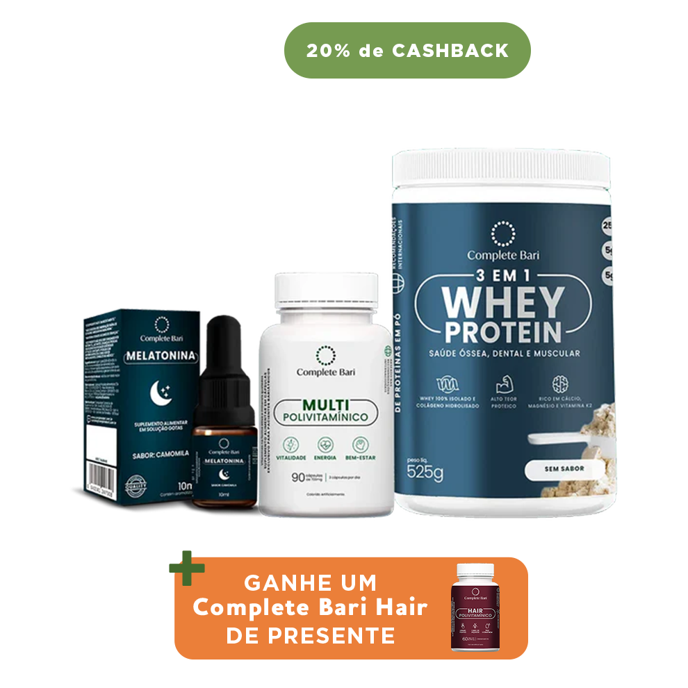 Kit 1 Multi + 1 Whey Isolado Neutro + 1 Melatonina Complete Bari - Ganhe 1 Hair de brinde