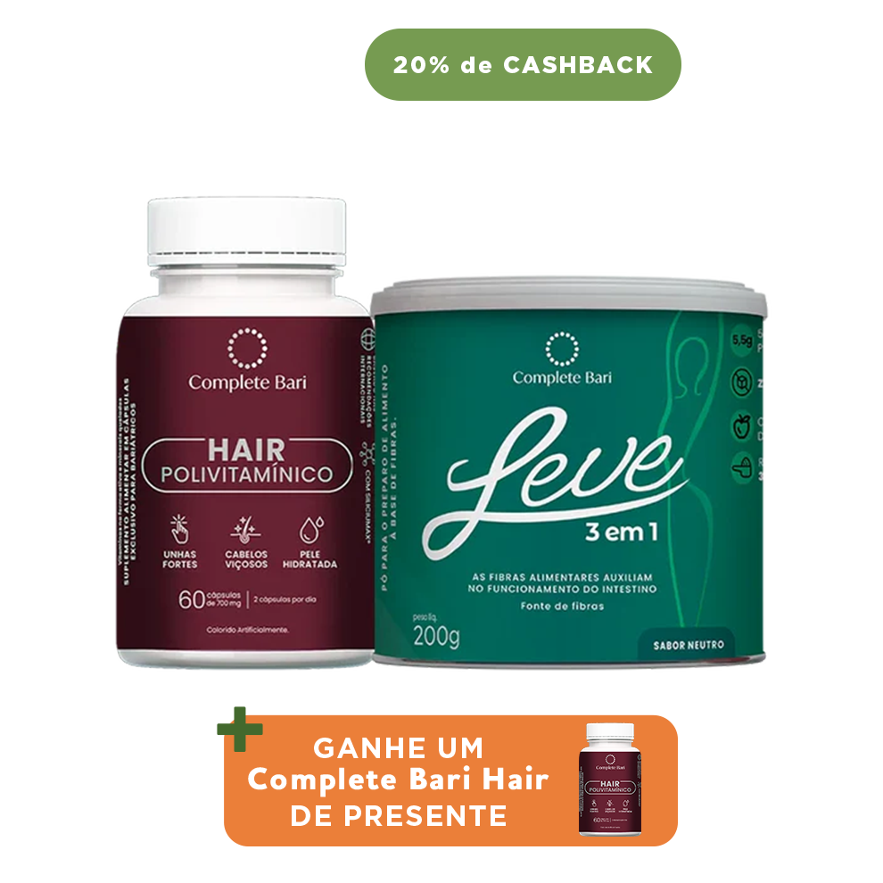 Kit 1 LEVE 3 em 1® Contra Reganho de Peso + 1 Polivitaminico Cabelos e Unhas Complete Bari - Ganhe 1 Hair de brinde