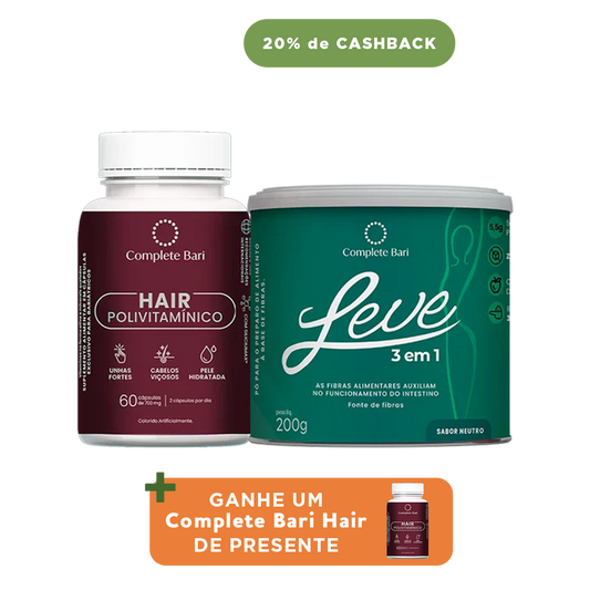 Kit 1 LEVE 3 em 1® Contra Reganho de Peso + 1 Polivitaminico Cabelos e Unhas Complete Bari - Ganhe 1 Hair de brinde