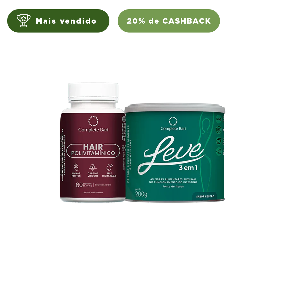 Kit 1 LEVE 3 em 1® Contra Reganho de Peso + 1 Polivitaminico Cabelos e Unhas Complete Bari