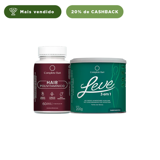 Kit 1 LEVE 3 em 1® Contra Reganho de Peso + 1 Polivitaminico Cabelos e Unhas Complete Bari