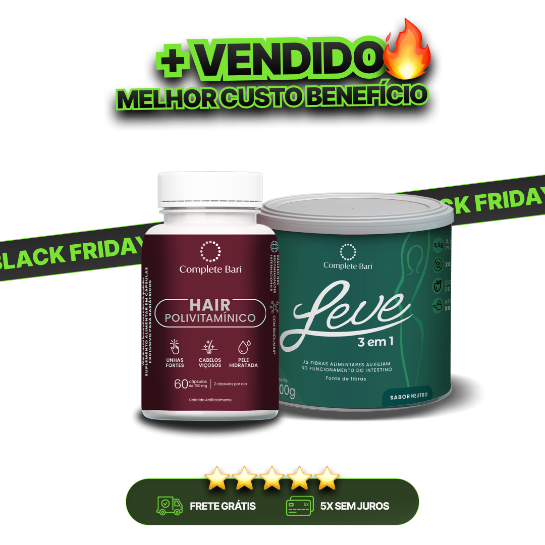 Kit 1 LEVE 3 em 1® Contra Reganho de Peso + 1 Polivitaminico Cabelos e Unhas Complete Bari