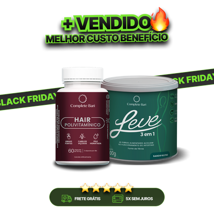 Kit 1 LEVE 3 em 1® Contra Reganho de Peso + 1 Polivitaminico Cabelos e Unhas Complete Bari