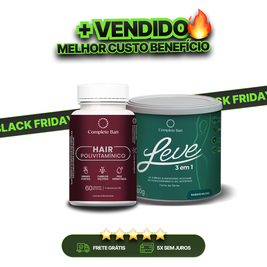 Kit 1 LEVE 3 em 1® Contra Reganho de Peso + 1 Polivitaminico Cabelos e Unhas Complete Bari