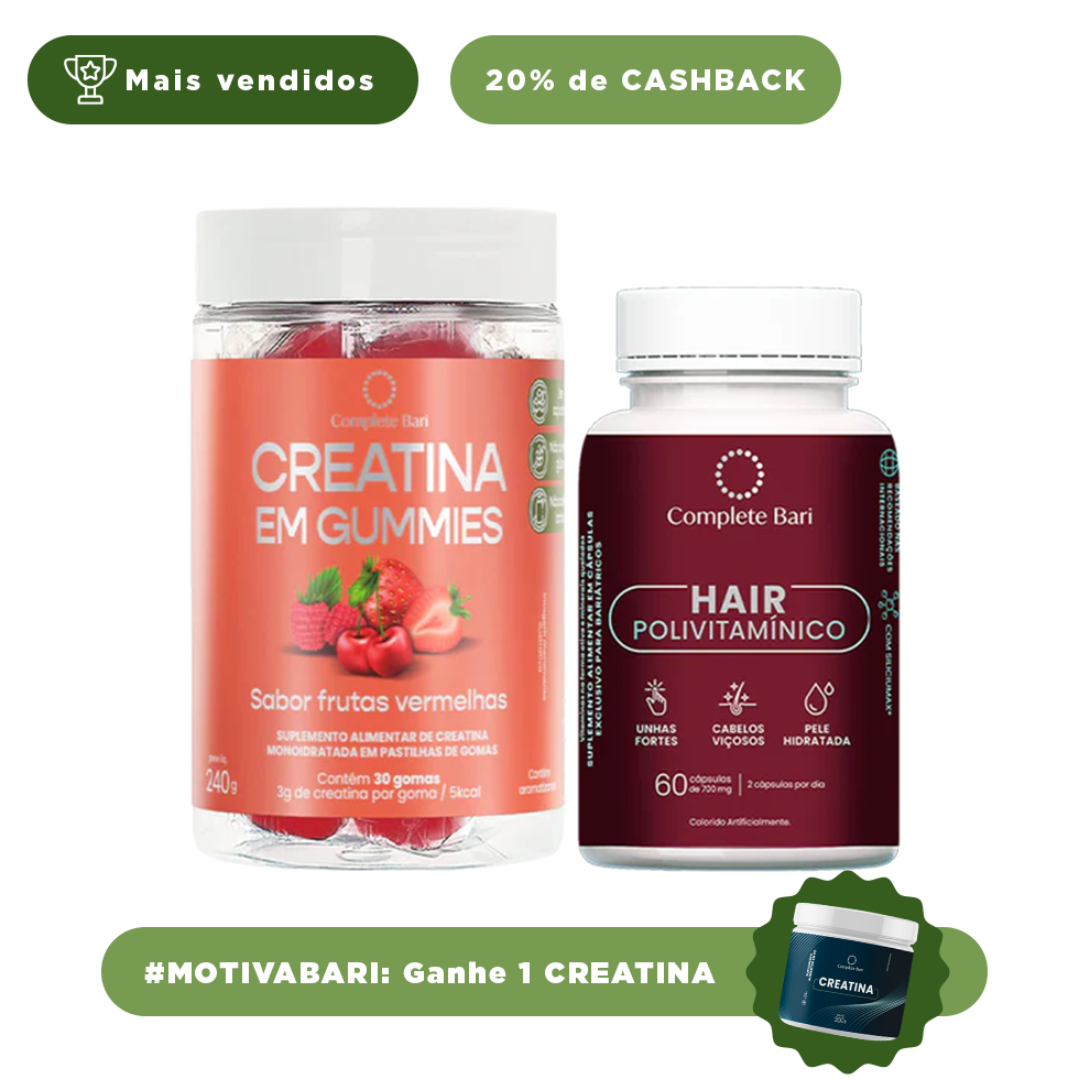 Kit Creatina em Gummies Frutas Vermelhas + 1 Polivitaminico Cabelos e Unhas