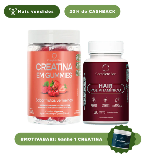 Kit Creatina em Gummies Frutas Vermelhas + 1 Polivitaminico Cabelos e Unhas