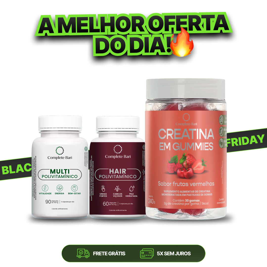 Kit Creatina em Gummies Frutas Vermelhas + 1 Multivitamínico + 1 Polivitaminico Cabelos e Unhas