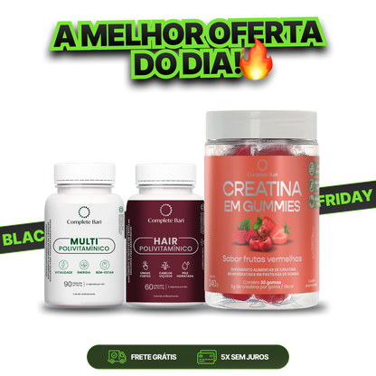 Kit Creatina em Gummies Frutas Vermelhas + 1 Multivitamínico + 1 Polivitaminico Cabelos e Unhas