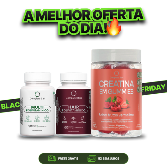 Kit Creatina em Gummies Frutas Vermelhas + 1 Multivitamínico + 1 Polivitaminico Cabelos e Unhas