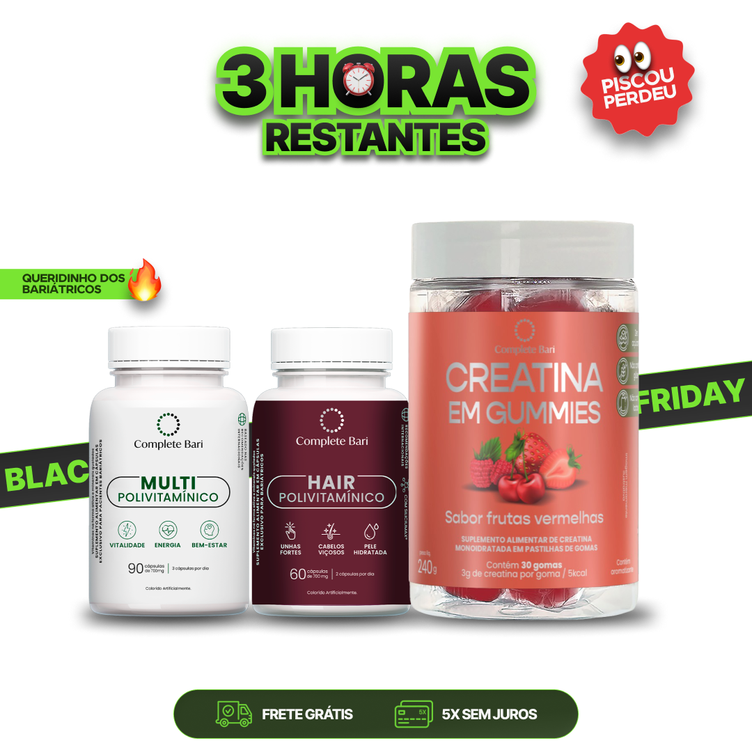 Kit 1 Creatina em Gummies Frutas Vermelhas + 1 Multivitamínico + 1 Polivitaminico Cabelos e Unhas