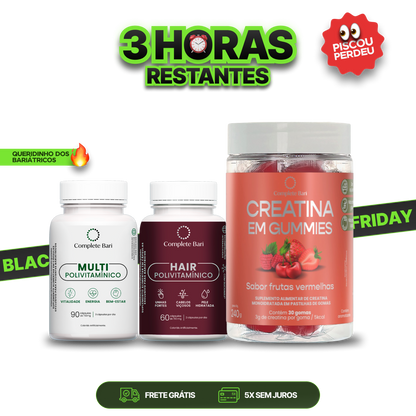 Kit 1 Creatina em Gummies Frutas Vermelhas + 1 Multivitamínico + 1 Polivitaminico Cabelos e Unhas