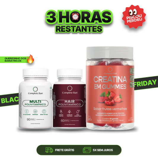 Kit Creatina em Gummies Frutas Vermelhas + 1 Multivitamínico + 1 Polivitaminico Cabelos e Unhas