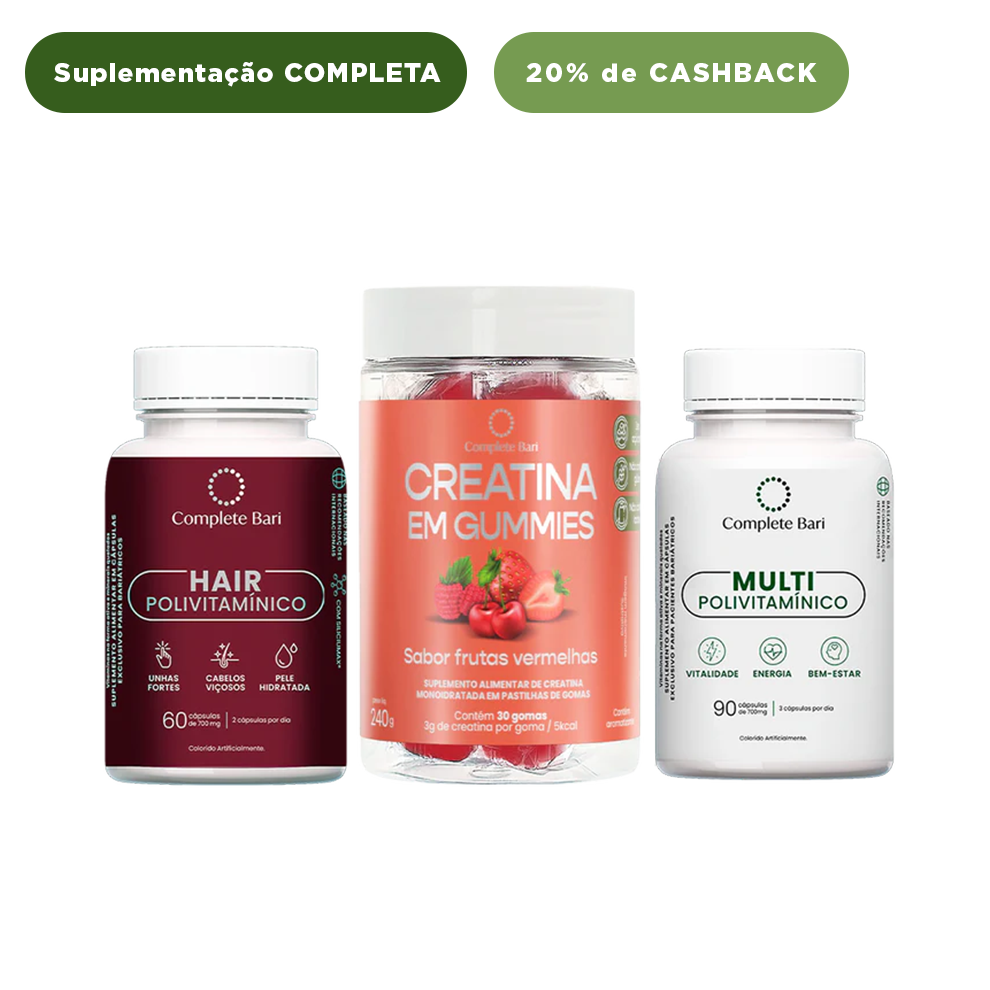 Kit Creatina em Gummies Frutas Vermelhas + 1 Multivitamínico + 1 Polivitaminico Cabelos e Unhas