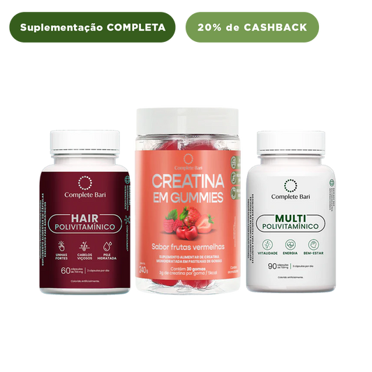 Kit Creatina em Gummies Frutas Vermelhas + 1 Multivitamínico + 1 Polivitaminico Cabelos e Unhas