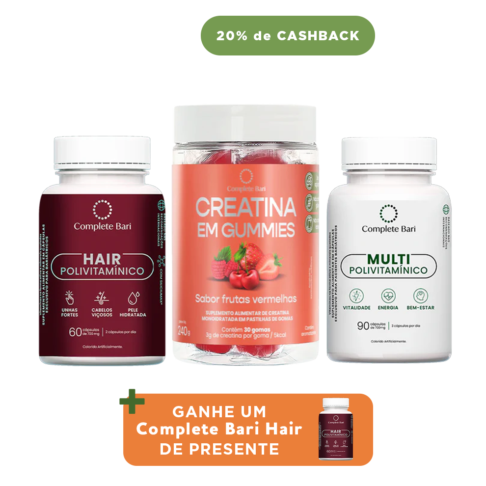 Kit Creatina em Gummies Frutas Vermelhas + 1 Multivitamínico + 1 Polivitaminico Cabelos e Unhas - Ganhe 1 Hair de brinde
