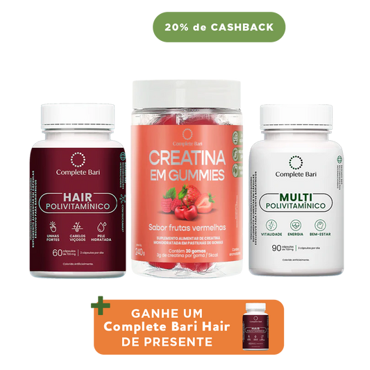 Kit Creatina em Gummies Frutas Vermelhas + 1 Multivitamínico + 1 Polivitaminico Cabelos e Unhas - Ganhe 1 Hair de brinde