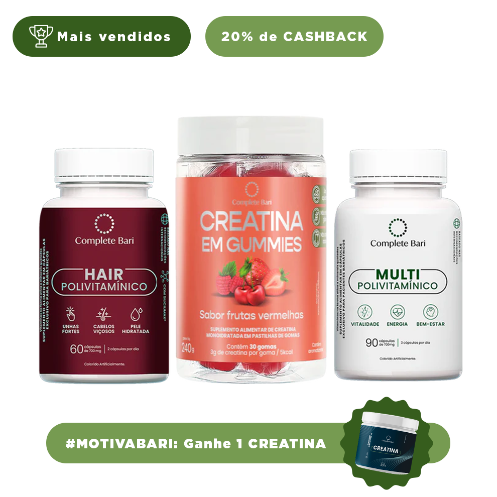Kit Creatina em Gummies Frutas Vermelhas + 1 Multivitamínico + 1 Polivitaminico Cabelos e Unhas
