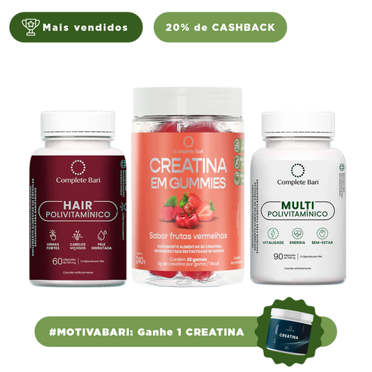 Kit Creatina em Gummies Frutas Vermelhas + 1 Multivitamínico + 1 Polivitaminico Cabelos e Unhas