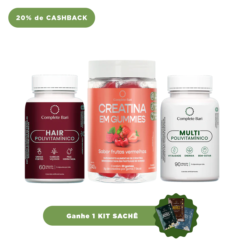 Kit Creatina em Gummies Frutas Vermelhas + 1 Multivitamínico + 1 Polivitaminico Cabelos e Unha - Ganhe 1 Kit Saches
