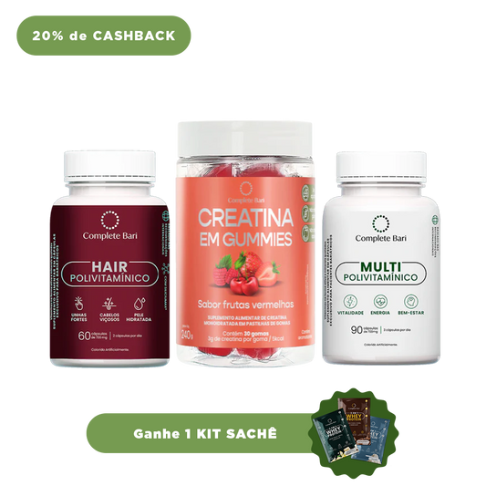 Kit Creatina em Gummies Frutas Vermelhas + 1 Multivitamínico + 1 Polivitaminico Cabelos e Unha - Ganhe 1 Kit Saches