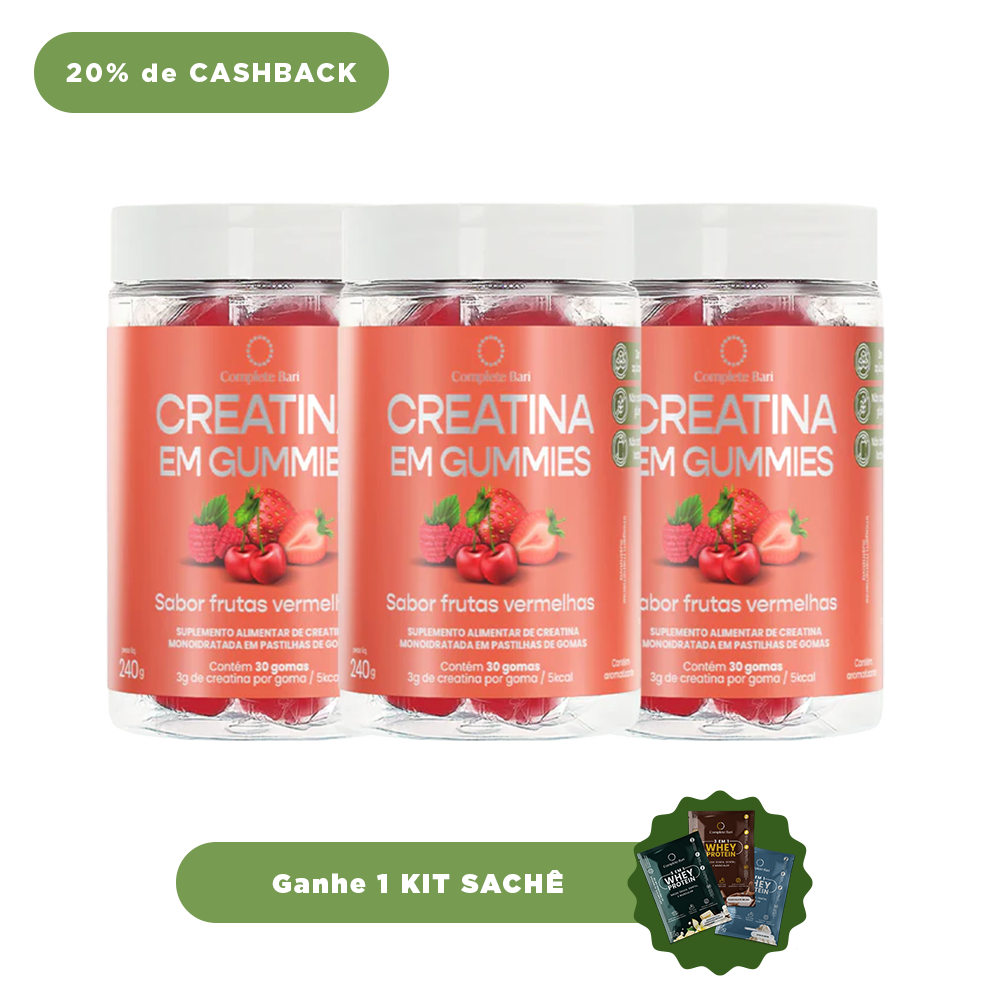 Kit Creatina em Gummies Frutas Vermelhas para 3 Meses - Ganhe 1 Kit Sache Whey Protein