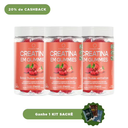Kit Creatina em Gummies Frutas Vermelhas para 3 Meses - Ganhe 1 Kit Sache Whey Protein