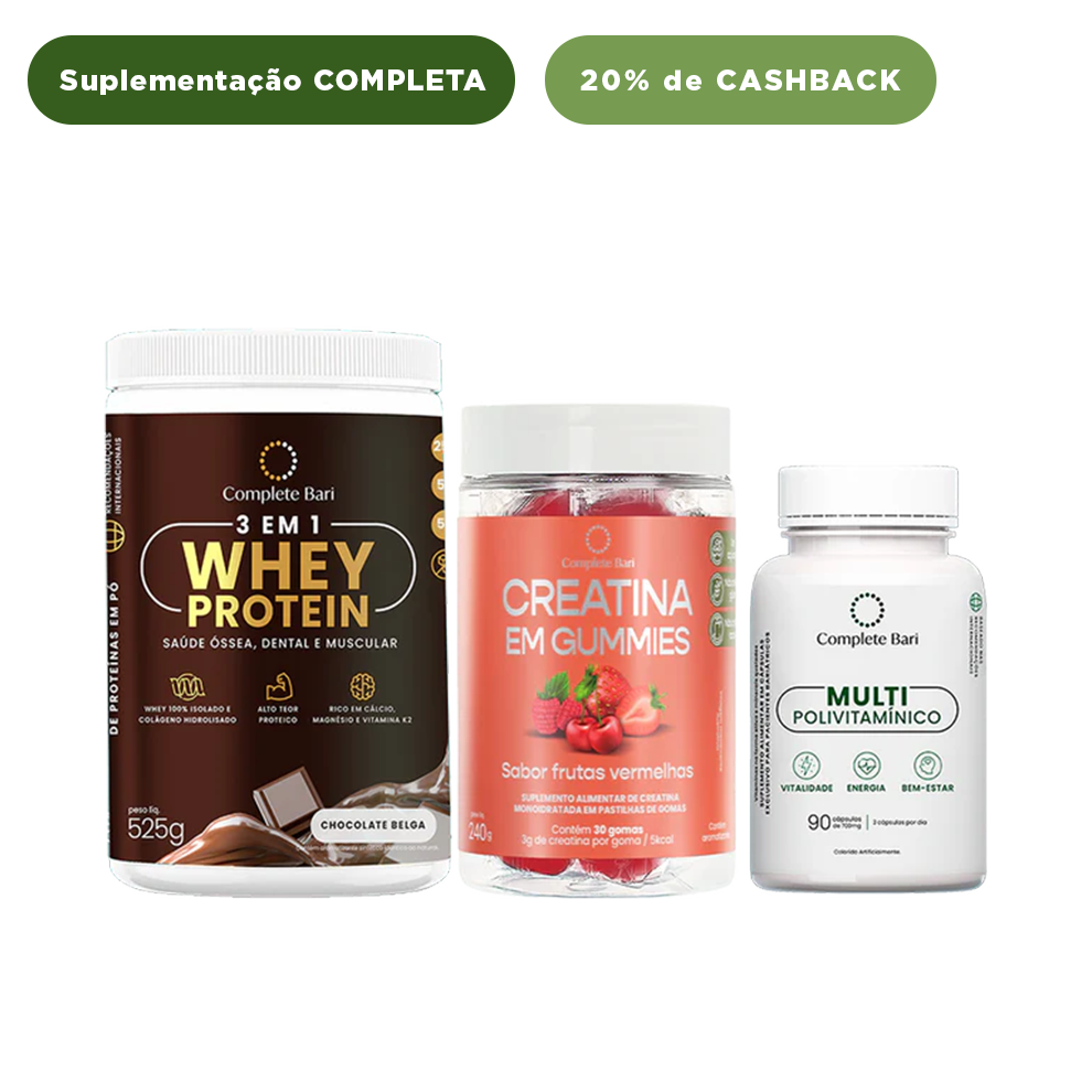 Kit Creatina em Gummies Frutas Vermelhas + 1 Multivitamínico + 1 Whey Isolado Chocolate Belga