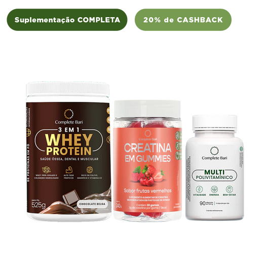 Kit Creatina em Gummies Frutas Vermelhas + 1 Multivitamínico + 1 Whey Isolado Chocolate Belga