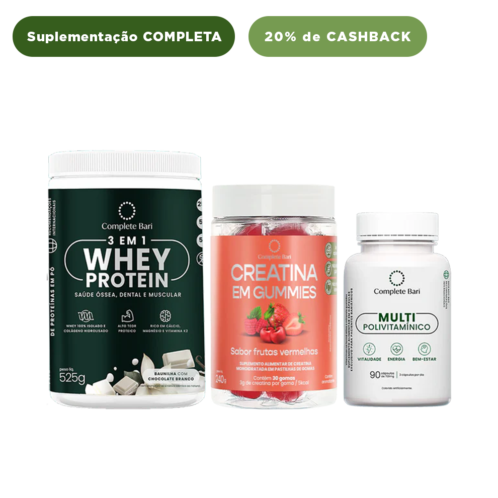 Kit Creatina em Gummies Frutas Vermelhas + 1 Multivitamínico + 1 Whey Isolado Baunilha com Chocolate