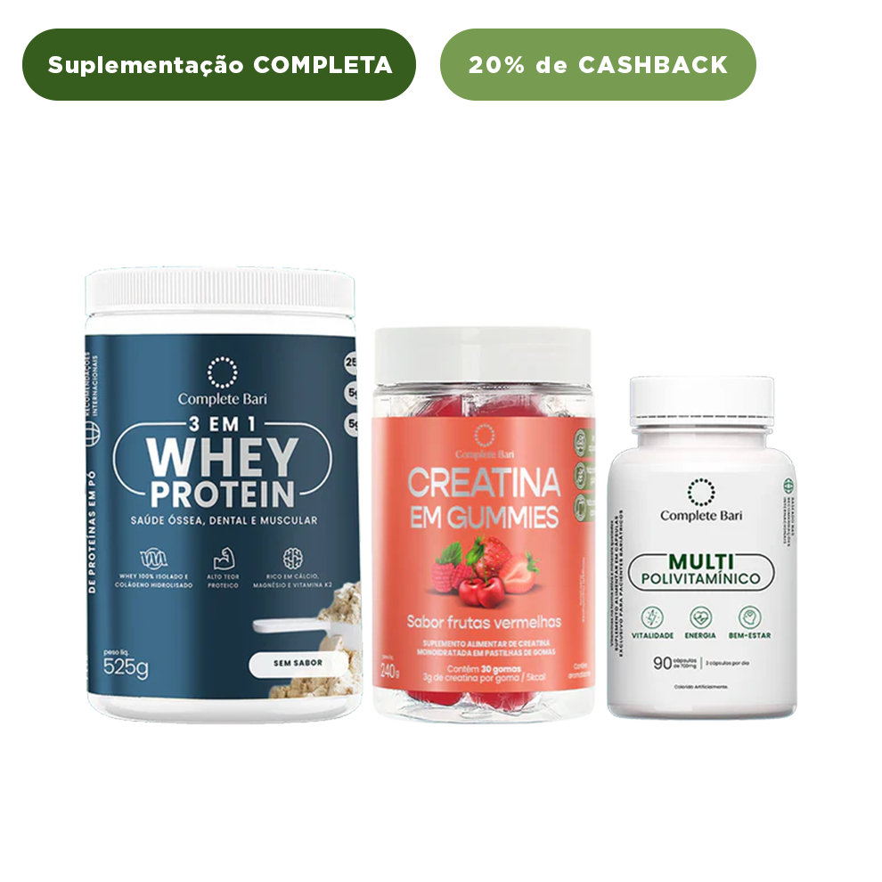 Kit Creatina em Gummies Frutas Vermelhas + 1 Multivitamínico + 1 Whey Isolado Neutro