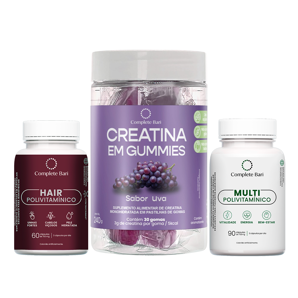 Kit Creatina em Gummies Uva + Multivitamínico + Polivitamínico Cabelo e Unhas
