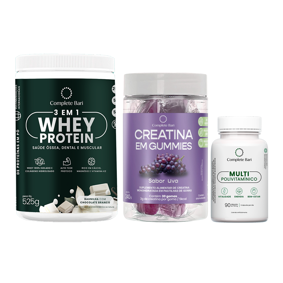 Kit 1 Creatina em Gummies Uva + 1 Multivitamínico + 1 Whey Isolado Baunilha com Chocolate