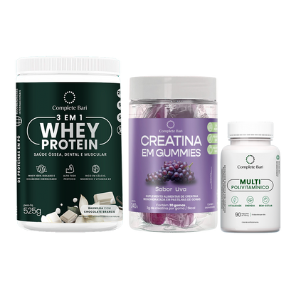 Kit 1 Creatina em Gummies Uva + 1 Multivitamínico + 1 Whey Isolado Baunilha com Chocolate
