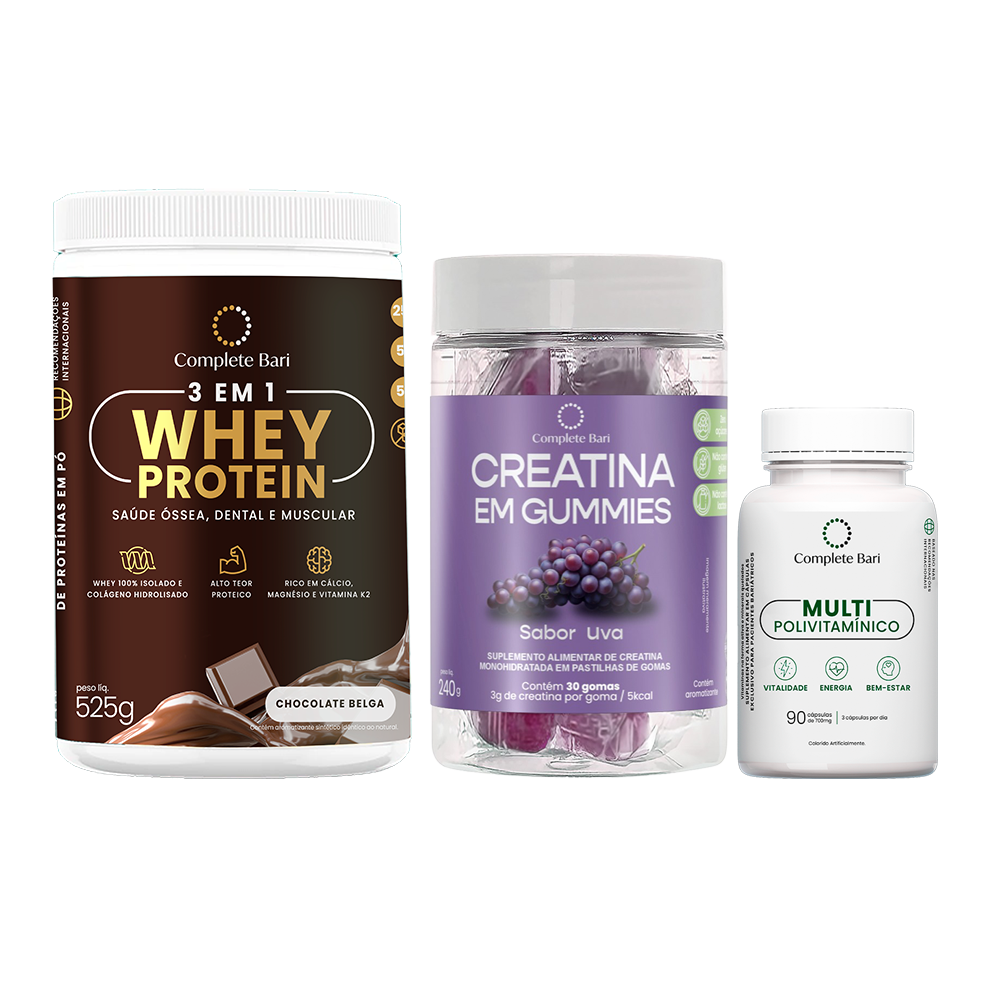 Kit 1 Creatina em Gummies Uva + 1 Multivitamínico + 1 Whey Isolado Chocolate Belga