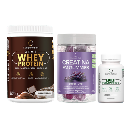 Kit 1 Creatina em Gummies Uva + 1 Multivitamínico + 1 Whey Isolado Chocolate Belga